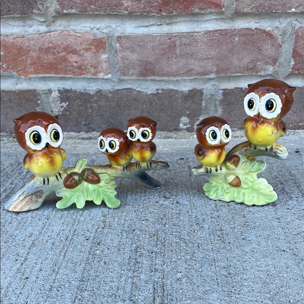 Vintage Norcrest Owl Family on an Acorn Tree Branch